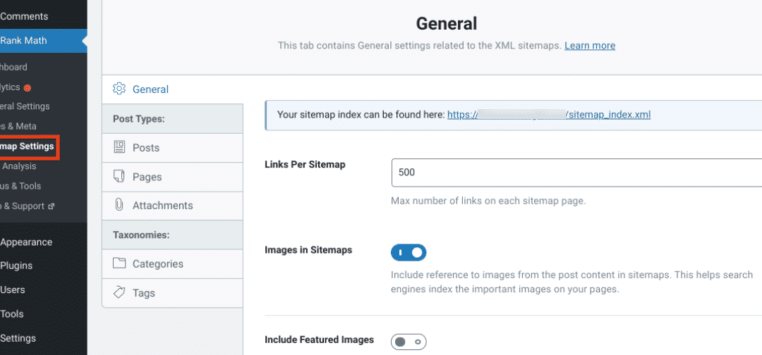 The Rank Math Sitemap settings screen.