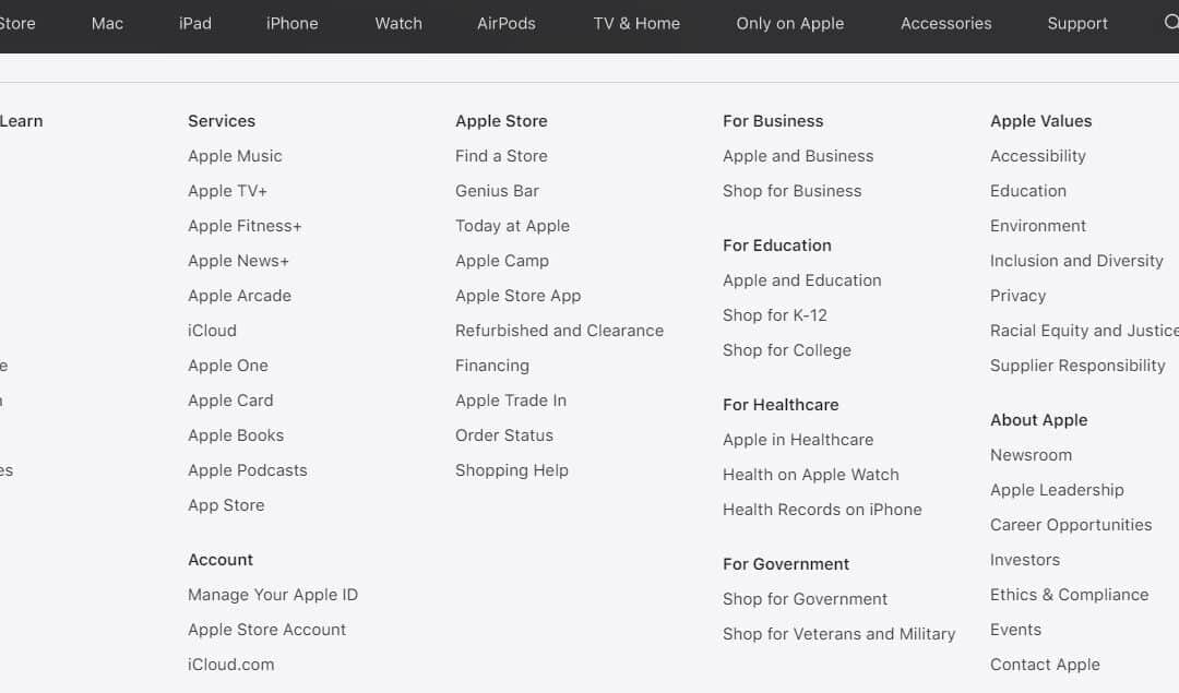 An example of an HTML sitemap on Apple's website