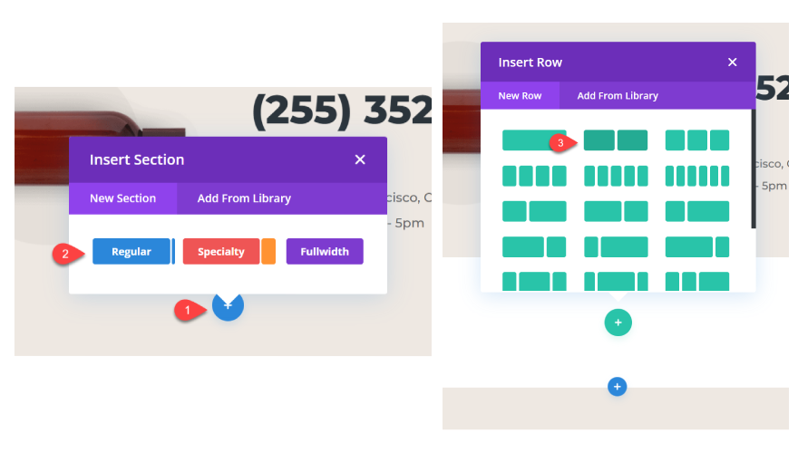 divi sticky contact form insert section and insert row