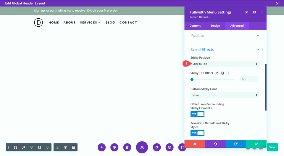 Divi Global Header With Fullwidth Menu Sticky Settings