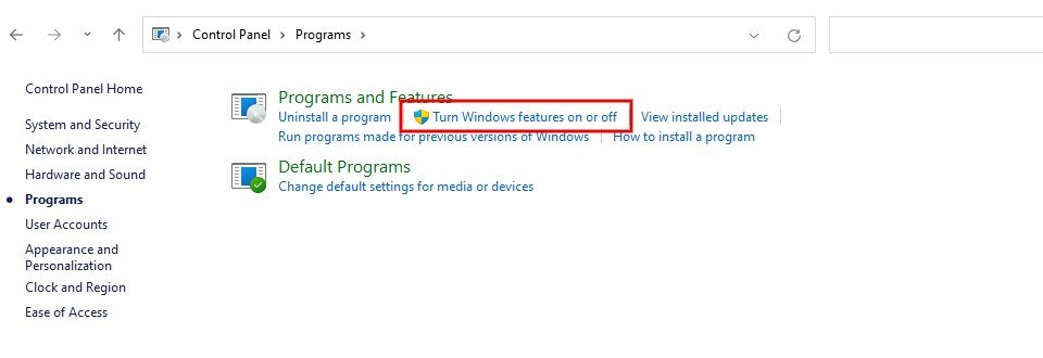 The Programs options in Windows.