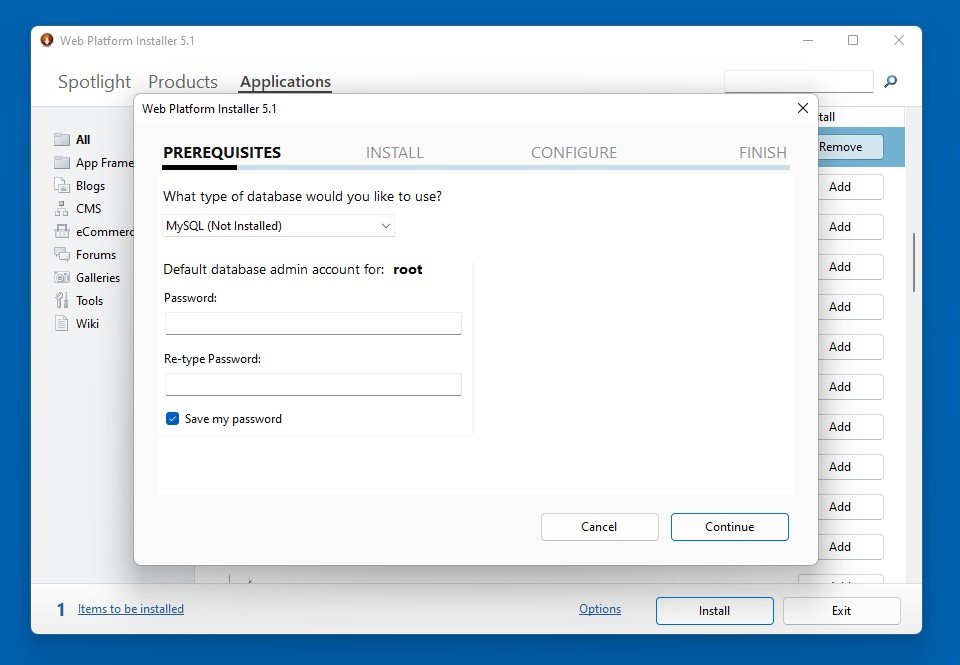 Setting up a WordPress application on the Microsoft Web Platform Installer.