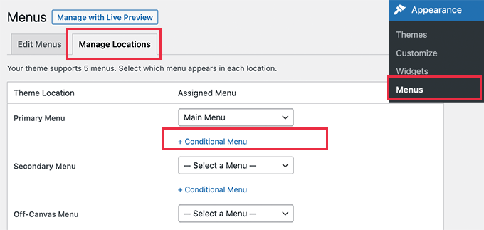 Manage menu locations