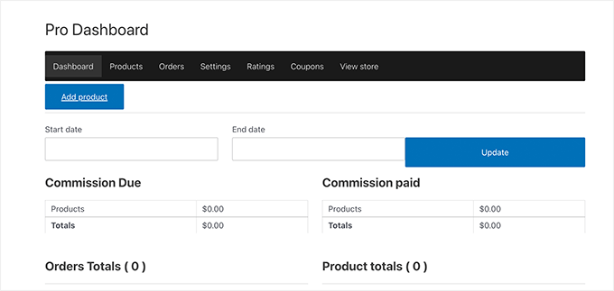 Vendor dashboard