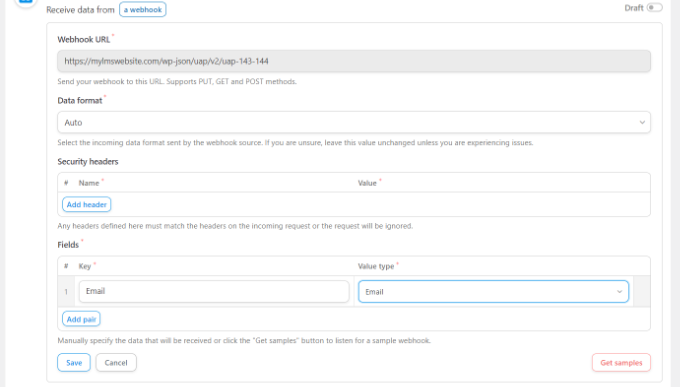 Enter field details and cope the webhook link