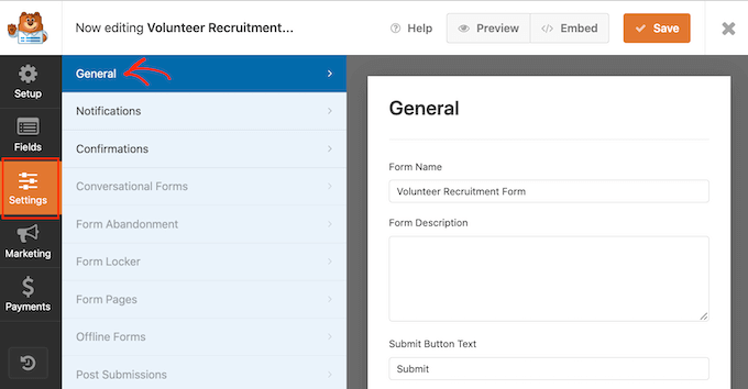 The WPForms form settings