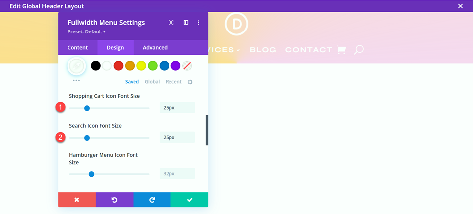 Divi Style Cart Search Icons Fullwidth Menu Layout 2 Icon Size