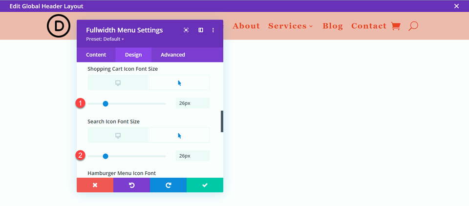 Divi Style Cart Search Icons Fullwidth Menu Layout 3 Icon Size Hover