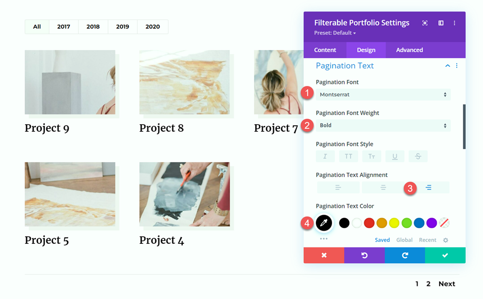 Divi Filterable Portfolio Pagination Style 1 Text