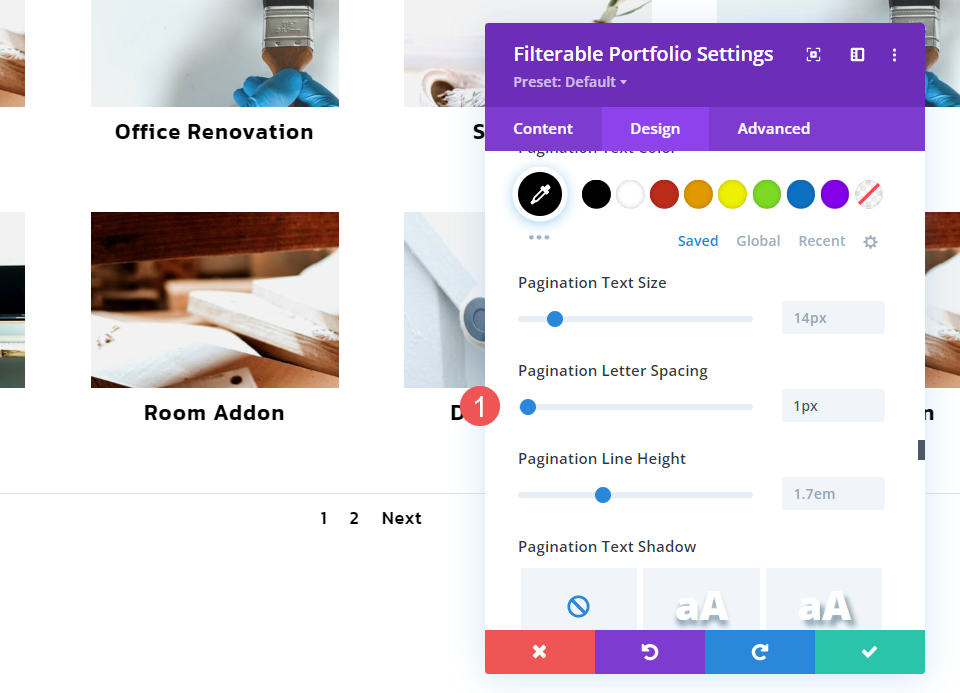 Filterable Portfolio Module Settings