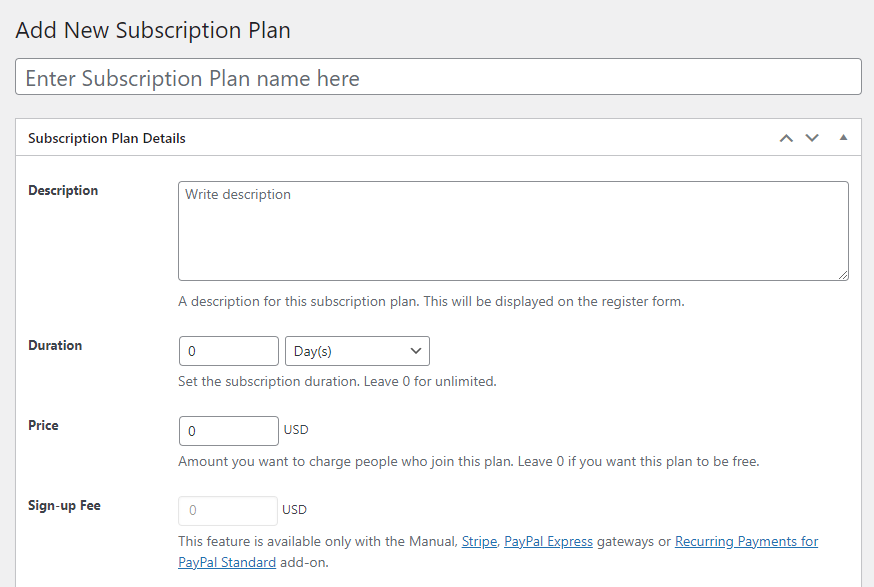 Adding a new subscription plan in Membership and Content Restriction