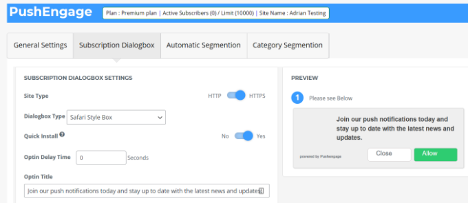 Subscription box settings