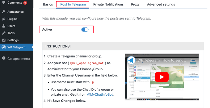 Toggle the Active Switch on the Post to Telegram Tab