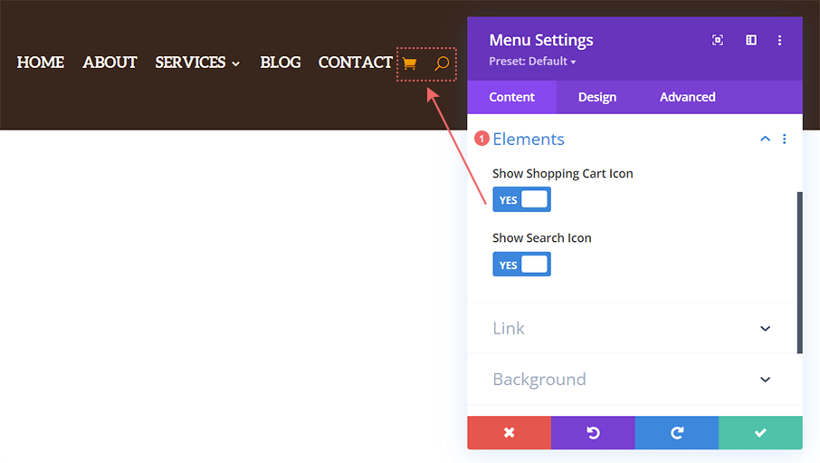 Editing additional elements required during setting up the primary menu