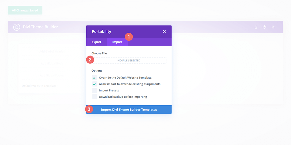 Import settings for the header and footer layout pack