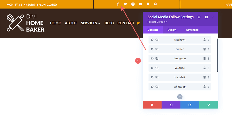 Editing the Social Media Follow Module within the Divi Home Baker Header Layout