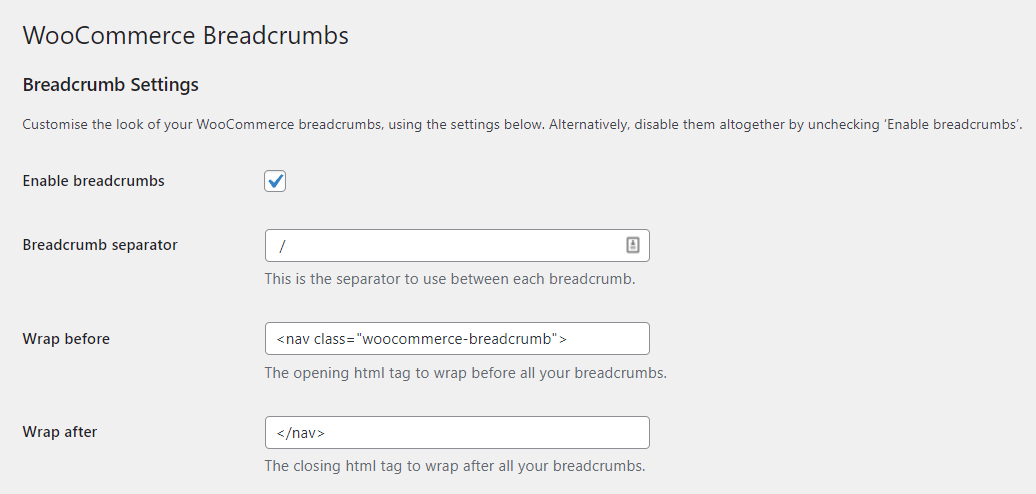 Configuring the WooCommerce Breadcrumbs plugin