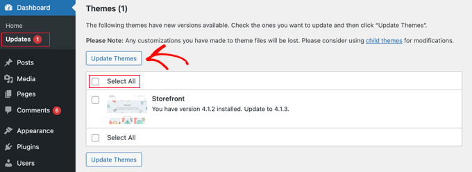 Updating Themes From the Dashboard » Updates Page