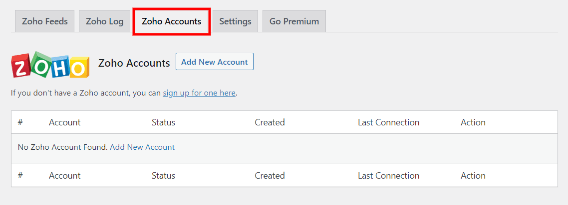 The Zoho Accounts tab