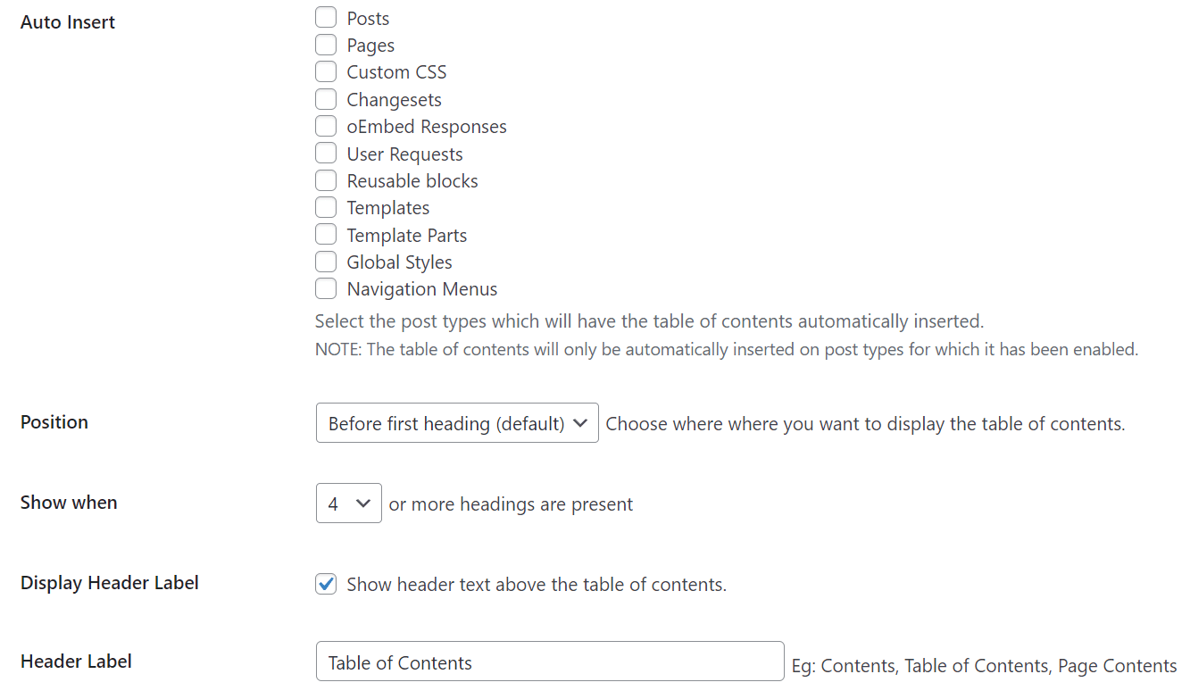 Easy Table of Contents settings.