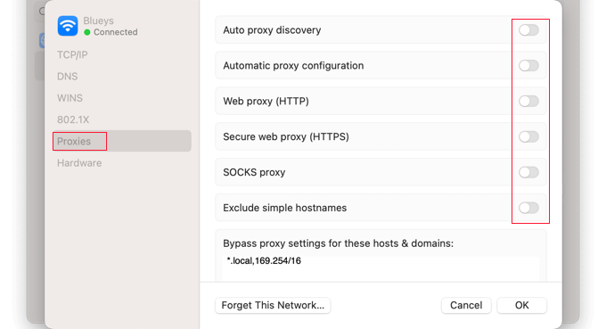 Turn Off All Proxies Settings