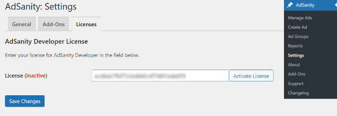 Activate AdSanity license