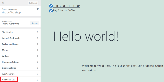 Choose Additional CSS option from theme customizer
