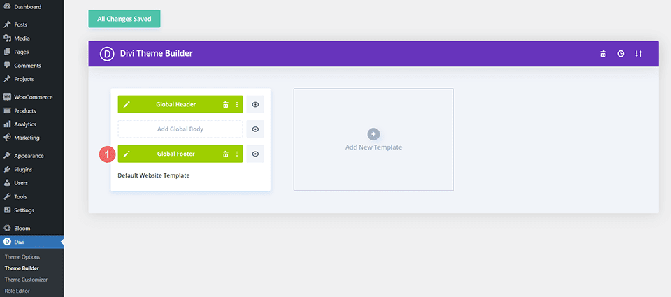 Editing the footer template within the Divi Theme Builder