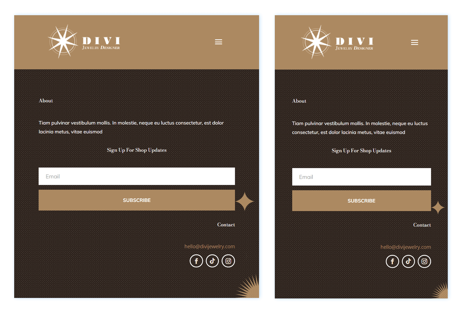 Divi Jewelry footer design for tablet and mobile