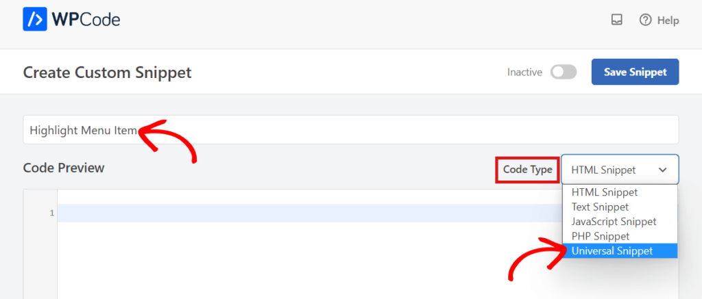Select Universal Snippet as Code Type