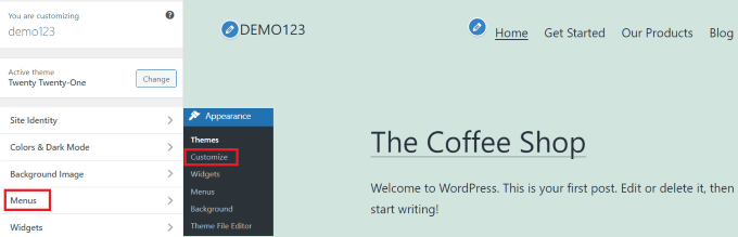 Go to Menu in Theme Customizer