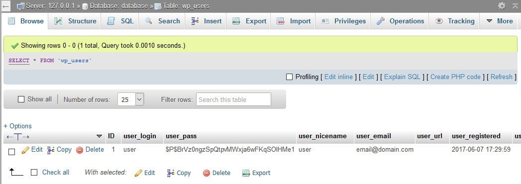 wp_users table in wordpress database