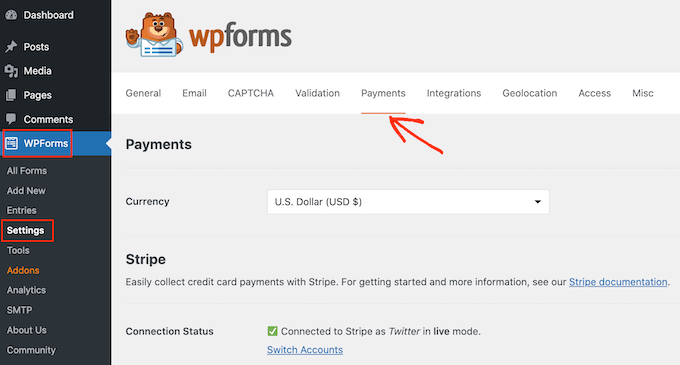 WPForms' payment settings