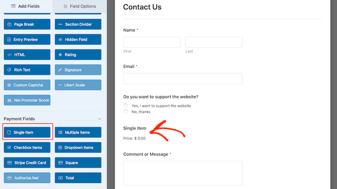 Adding a 'single item' field to a WordPress form