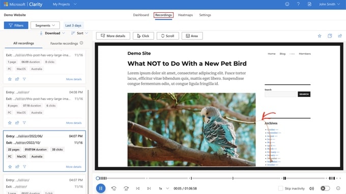 Clarity showing the recordings of user sessions