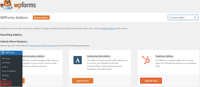 Click Upgrade Now button below HubSpot addon