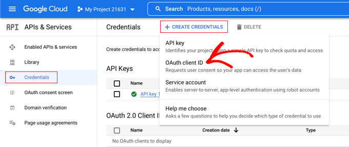 Click Create Credentials and Select OAuth Client ID