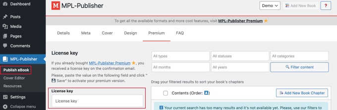 Entering a Premium License Key in MPL-Publisher