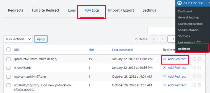 404 error logs in AIOSEO