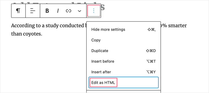 Switching to the HTML View of a Block in the WordPress Block Editor