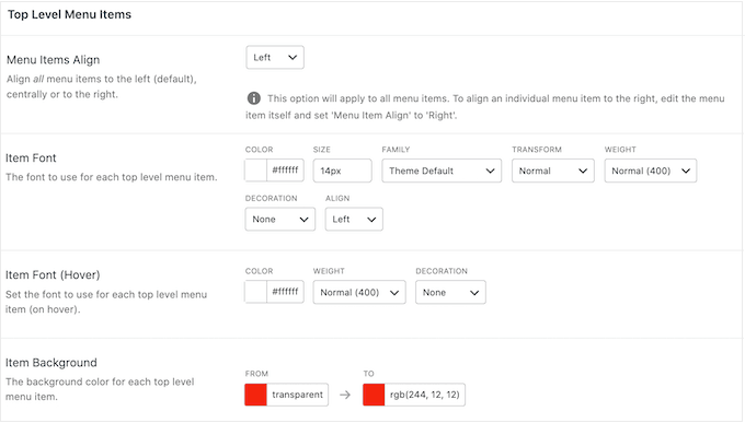 Customizing how the top level menu items look