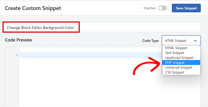 Choose PHP Snippet option as the code type for changing editor background color