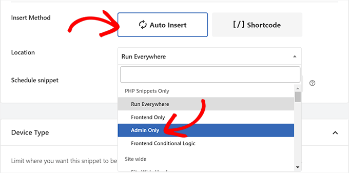 Choose the insertion method and location of the code snippet