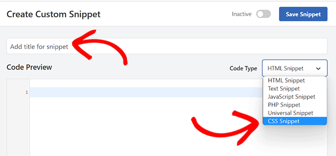 Select CSS Snippet as code type