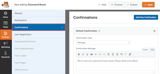 Creating a custom message for the WPForms password reset page