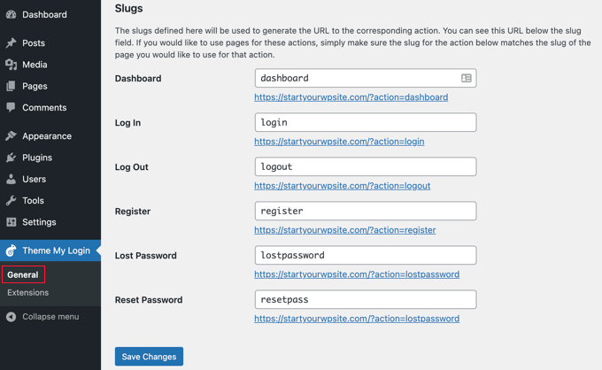 Theme My Login Slugs