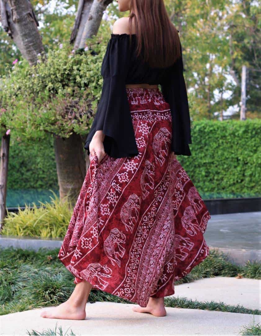 XL-2XL Plus Size Bohemian Maxi Skirt Long Hippie Boho Skirt Beach Red Tie-dye Elephant with Bow Sash Belt - LaFactory
