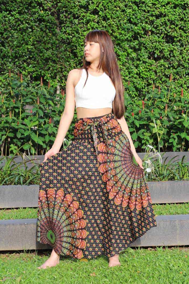 Maxi Skirt Boho Flared Skirt Womens Long Skirt with Bow Tie Sash Belt  Bohemian Floral Black - LaFactory