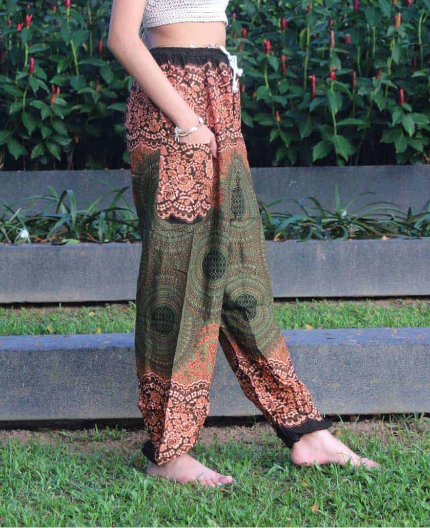 Harem Pants Hippie Pants Flower Boho Pants Ladies Festival Baggy Pants  Green Drawstring Waist - LaFactory