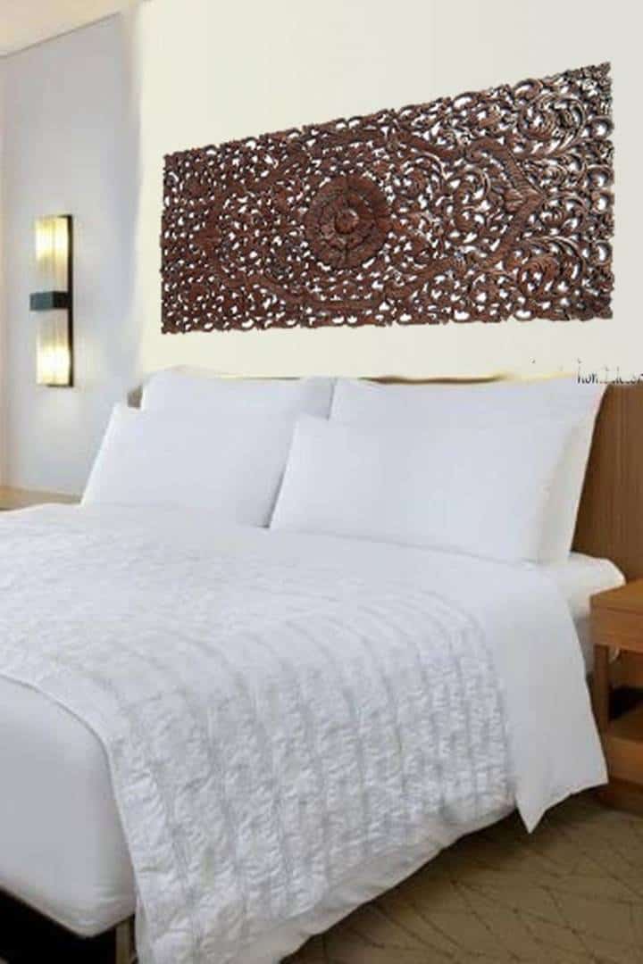 59 Inch Decorative White Queen Bed, Wood Bohemian Headboard